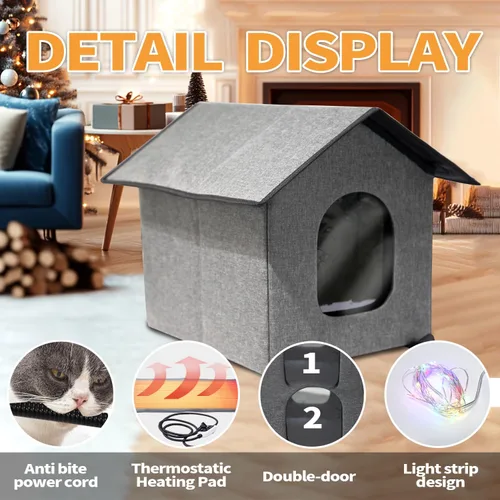 Vista 2 de Casa climatizada para gatos para exteriores, resistente a la intemperie y aislada, plegable, refugio cálido para gatos con bola de cascabel y luz