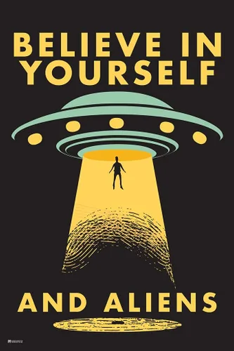 Vista 2 de Cartel motivacional de borrado en seco de 12 x 18 pulgadas con texto en inglés "Believe in Yourself and Alien" (Creer en ti mismo) y aliens