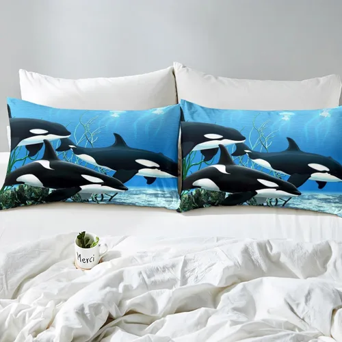 Vista 5 de Erosebridal Juego de ropa de cama de orca asesina Orcinus Orcas, sábana bajera ajustable de medusas del mundo submarino para niños y niñas, animales