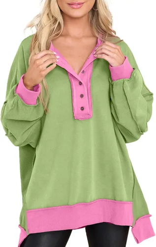 Vista 68 de AlvaQ - Sudadera de gran tamaño para mujer, informal, de manga larga, con botones y cuello Henley, tipo túnica