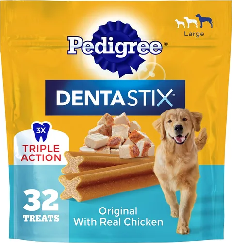 Vista 16 de Pedigree Dentastix - Golosinas para perros de raza grande, sabor a tocino, bolsa de 1.67 libras (32 golosinas) Triple action dental care, reduces