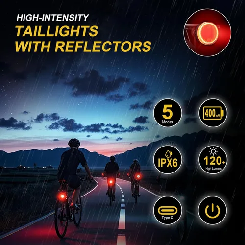 Vista 4 de Luz trasera de bicicleta recargable USB tipo C, ultra brillante IPX6, impermeable, linterna de seguridad para ciclismo, 5 modos de luz, accesorios