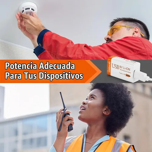 Vista 4 de Baterías recargables de litio 9V 1000mAh con 2 en 1 cable de carga USB Batería de iones de litio 6f22 de 9 voltios para detector de humo, pedales