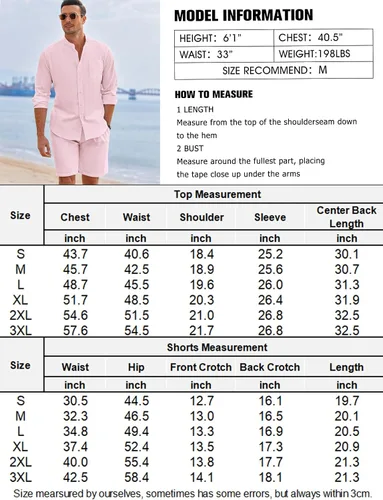 Vista 6 de COOFANDY Conjuntos de lino para hombre, 2 piezas, camisa de manga larga y pantalones cortos casuales con cordón en la cintura, trajes de verano
