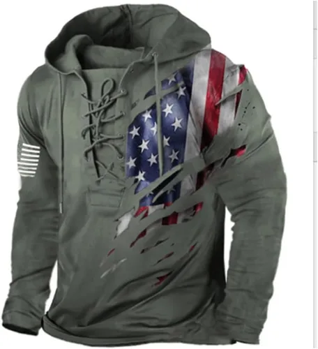 Vista 7 de Bengbobar Sudaderas con Capucha Tácticas Militares para Hombre Retro Desgastadas con Estampado de Bandera Americana Pullover con Cordones Bandera