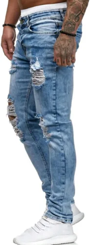 Vista 4 de HUNGSON Pantalones de mezclilla ajustados rasgados para hombre
