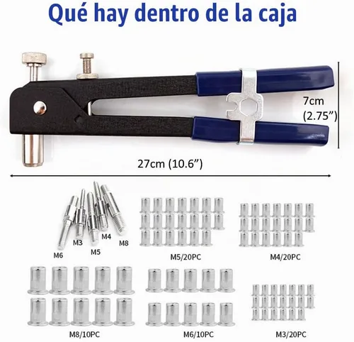 Vista 3 de Kit de herramientas de tuerca de remache de 86 piezas, juego de remaches de mano con tuerca de remache roscada M3/M4/M5/M6/M8 y mandril