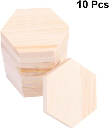 Vista 4 de Tablón en forma de T, 10 bloques de madera de pino hexagonal, decoraciones de bricolaje y tablones de manualidades