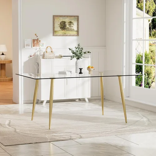 Vista 10 de Baysitone Mesa de comedor de cristal para 4 personas con tapa de vidrio rectangular transparente de 51 pulgadas, muebles de cocina de vidrio Negro