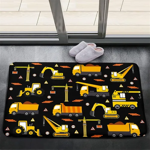 Vista 33 de Alfombra de construcción – Alfombras de construcción para habitación de niños, divertido diseño de camión de dibujos animados, alfombra de coche