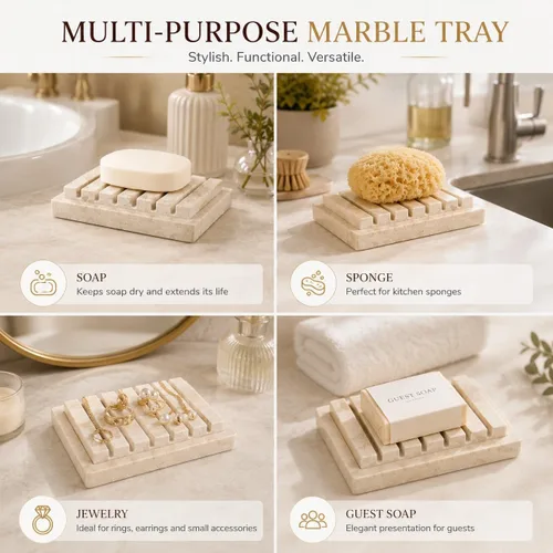 Vista 6 de Creative Home Jabonera de mano de mármol de champán natural, bandeja de jabón para baño, encimera de baño, fregadero de cocina, organizador Piedra