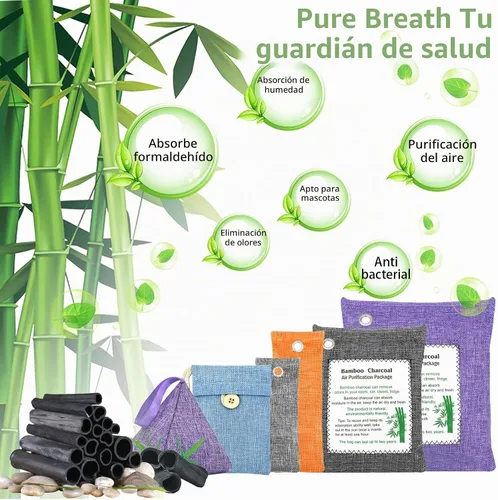 Vista 4 de Bolsas de carbón de bambú absorbentes de olores, paquete de 4×500g (17.64 oz cada una) bolsas purificadoras de aire de carbón de bambú, para 4