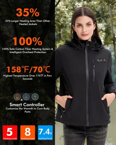 Vista 5 de ARRIS Chaqueta térmica para mujer, impermeable, con batería de 7,4 V y capucha desmontable, 8 zonas de calefacción