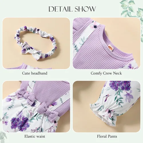 Vista 3 de ROSEBEAR Baby Girl Clothes Romper Jumpsuit Newborn Short Sleeve Ruffle Floral Suspender Pants Headband Summer Infant Outfit