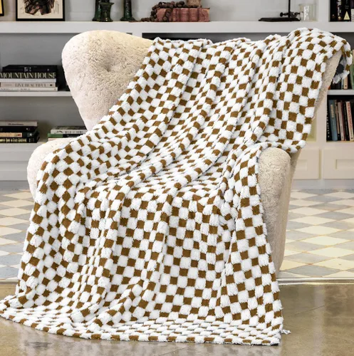 Vista 3 de Manta de lana de camello y blanco con diseño 3D a cuadros, ultra suave y peluda, de felpa para un confort acogedor. Hermoso regalo para mujeres