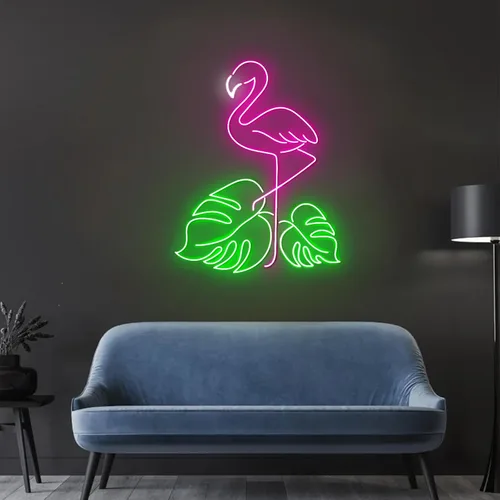 Vista 8 de Letrero de neón con diseño de flamenco y puesta de sol de 16 pulgadas para decoración de pared, flamenco rosa para fiesta, hogar, vacaciones, bar