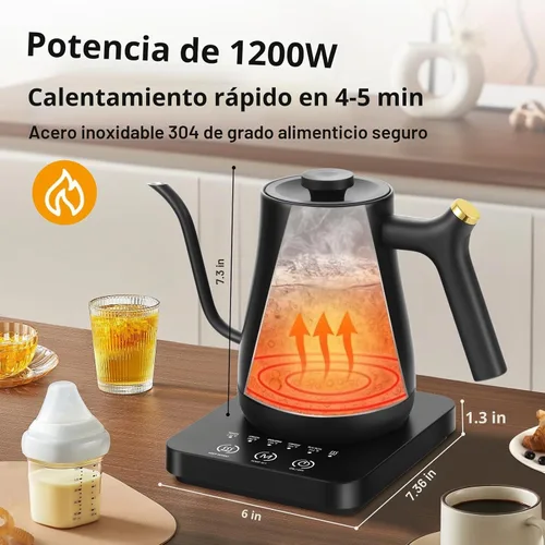 Vista 4 de Panana Hervidor eléctrico, hervidor eléctrico de cuello de cisne, control de temperatura con pantalla LCD, hervidor de té para verter sobre café
