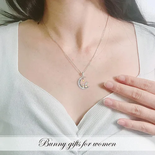 Vista 3 de QIUQIULU CatRabbitBear Necklace 925 Sterling Silver Mother and Child Animal on Moon Pendant Necklace Jewelry Gifts for Women