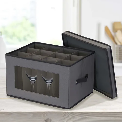 Vista 2 de Household Essentials Caja de almacenamiento para copas con ventana, con tapa, 12 compartimentos de almacenamiento, asas dobles, perfecta