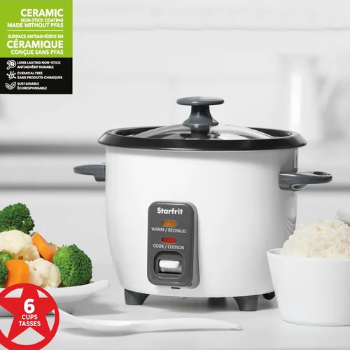 Vista 7 de Starfrit - Arrocera eléctrica, 6 tazas, 300 W, color blanco Cesta de vapor, taza medidora, cuchara de servicio, hace arroz perfecto