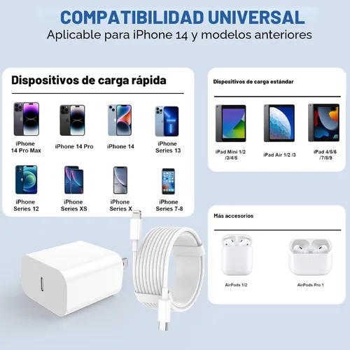 Vista 2 de Cargador de iPhone de carga rápida, paquete de 2 bloques de carga de pared tipo C con 2 unidades [6 pies y 10 pies] cable USB C a Lightning