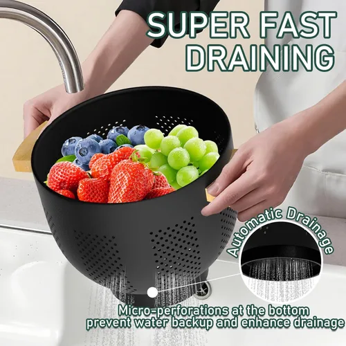 Vista 4 de Colador de metal con mango de madera de bambú, colador grande de 6 cuartos de galón con base autodrenante, cuenco colador de cocina para pasta