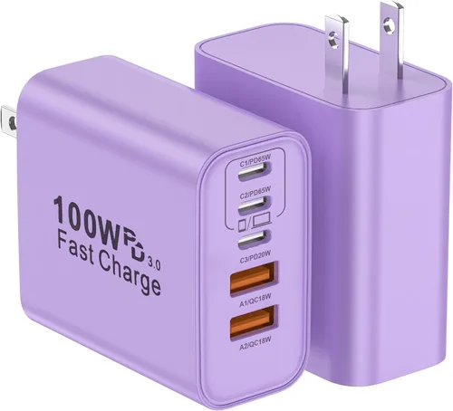 Vista 13 de Bloque de Cargador USB C, Paquete de 2 Cargadores de Pared USB C de 65W con 6 Puertos, Cargador de Pared para iPhone, Adaptador de Corriente PD+QC