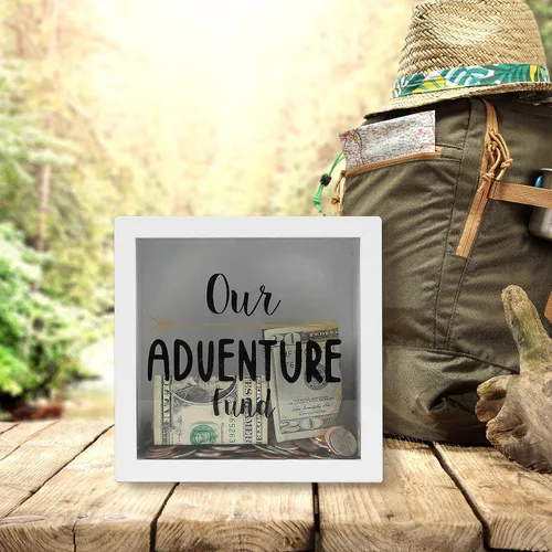Vista 2 de Prinz White Adventure Fund - Alcancía de ahorro de dinero para adultos, caja de ahorro para niños, tarro de cambio, caja de madera de sombra de 6 x