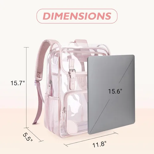 Vista 6 de mommore Mochila transparente de PVC grueso resistente con ribete de cuero de gran capacidad transparente, Rosado