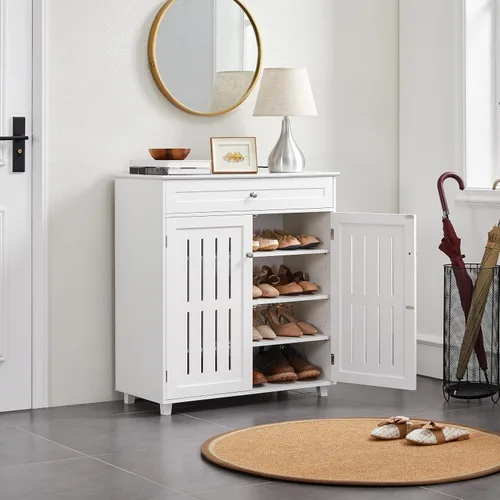 Vista 13 de Topeakmart Zapatero con puertas, zapatero de madera para pasillo, negro Estante de 4 capas y un cajón; dos particiones de nivel ajustables; MDF