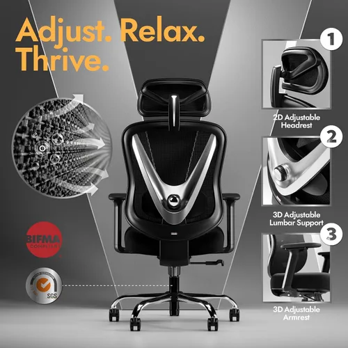 Vista 4 de HOLLUDLE Silla de oficina ergonómica de malla, soporte lumbar ajustable 3D y reposabrazos 3D, respaldo en forma de V, silla de escritorio ajustable