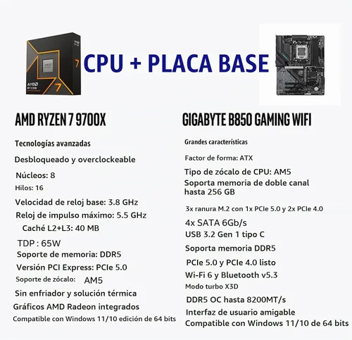 Vista 2 de MICRO CENTER Procesador de CPU AMD Ryzen 7 9700X con placa base GIGABYTE B850 Gaming WIFI6 (ATX, DDR5, 3X M.2, PCIe 5.0, USB-C, WIFI6)