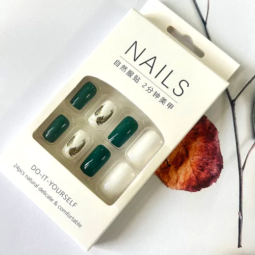 Vista 6 de 24 uñas postizas cuadradas medianas a presión, uñas postizas acrílicas artificiales con diseños de plumas doradas, cobertura completa