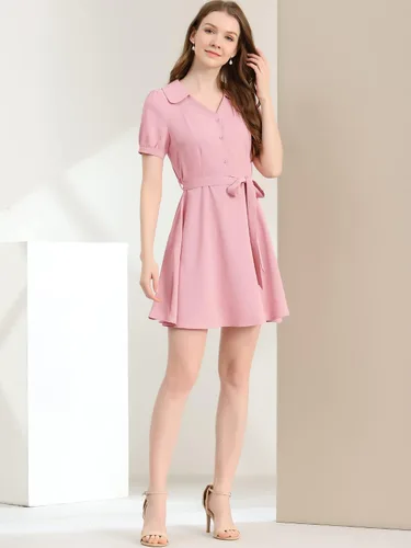 Vista 3 de Allegra K Vestido de mujer con cuello en V y manga corta abombada, cuello vuelto, Rosado