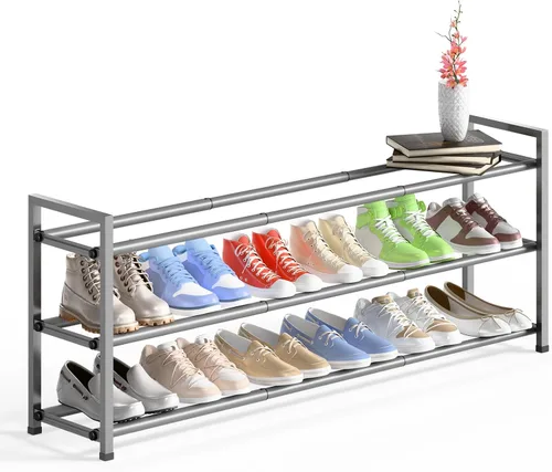 Vista 17 de Bumusty estante de zapatos de 2 niveles largo y expandible para clóset, estante de zapatos ajustable de 46-112 cm para entrada, estante organizador