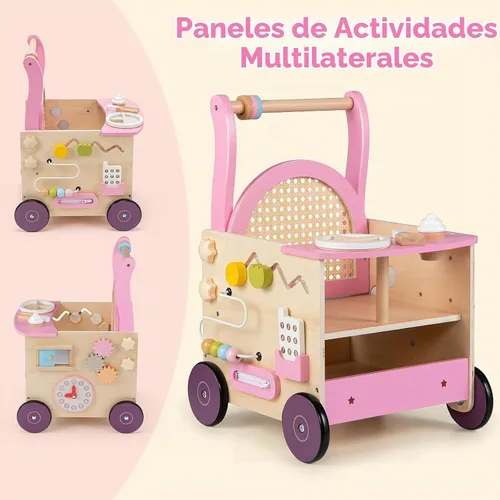 Vista 9 de OLAKIDS Andador de madera para bebés con centro de actividades, juguete Andador de pie con cochecito de muñeca, laberinto de cuentas, engranajes