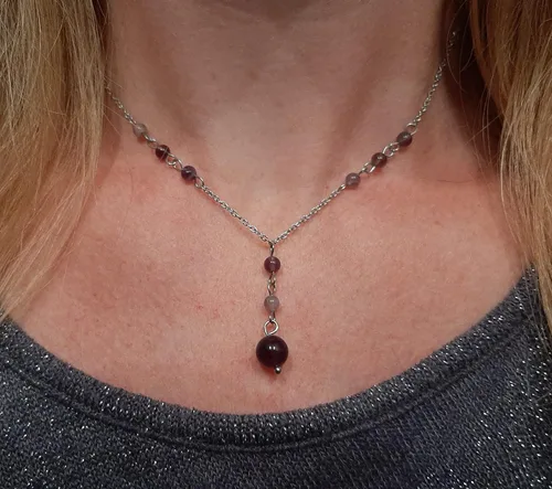 Vista 4 de Natural Crystal Bead Purple Amethyst Y Shaped Lariat Necklace Non-Tarnish Steel Chain