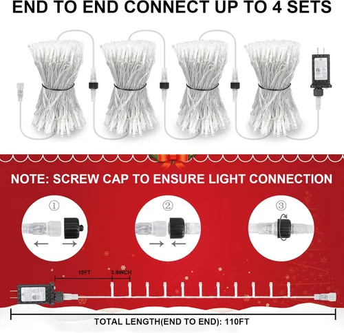 Vista 4 de Luces de Navidad de 100 pies con 300 LED enchufables, luces de hadas impermeables para exteriores e interiores con temporizador y 8 modos, luces