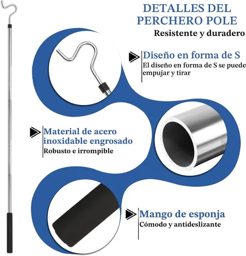 Vista 3 de Poste con Gancho para Ropa, Gancho Extensor para Colgar Ropa, Luces y Plantas, Extensible de 35" a 50", Hecho de Tubo de Acero Inoxidable con Mango