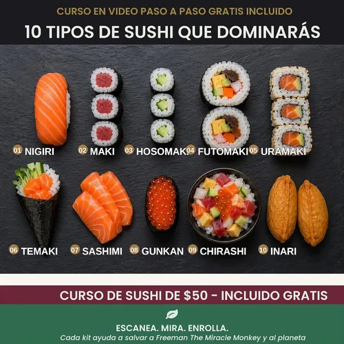 Vista 9 de Albino monkey Kit para hacer sushi con bazuca, tapete de bambú y curso