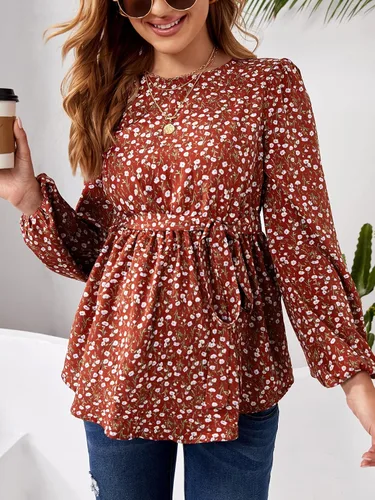 Vista 4 de MakeMeChic Camisa de maternidad para mujer, diseño floral, manga larga, con cinturón, peplum