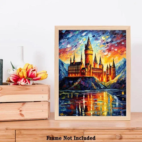Vista 7 de Bestbuddy Pet 8 x 10 sin marco noche estrellada inspirada en el castillo medieval Edad Media Fantasía Europa Familia pintura al óleo impresión arte