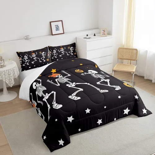 Vista 4 de Erosebridal Juego de edredón de calavera de Halloween, tamaño individual, juego de ropa de cama de calavera gótica para niños, adolescentes