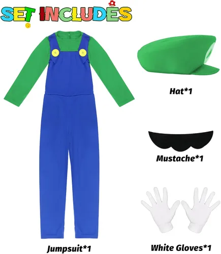 Vista 3 de BOMLY Disfraz de Super Mario para niños, disfraz de fontanero de Halloween con accesorio