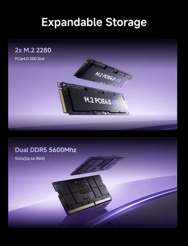 Vista 8 de MINISFORUM Mini PC X1-255 AMD Ryzen 7 255 Barebone con 2 ranuras DDR5 + 2 ranuras PCIe4.0 SSD Ranuras de computadora de escritorio, HDMI DP 2xUSB4