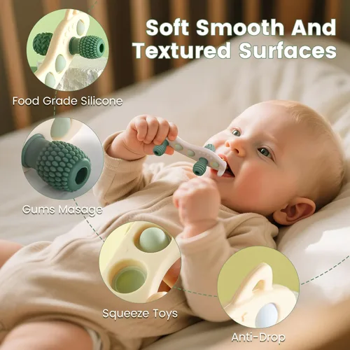 Vista 3 de Juguetes de dentición para bebés, mordedor de silicona para bebé, sin BPA, juguete sensorial masticable (verde)