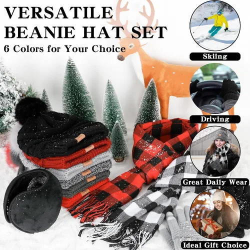 Vista 8 de Winter Hat Scarf Gloves and Ear Warmer, Knit Warm Beanie Hat Touch Screen Gloves Long Knitted Plaid Scarf Set Gifts for Women