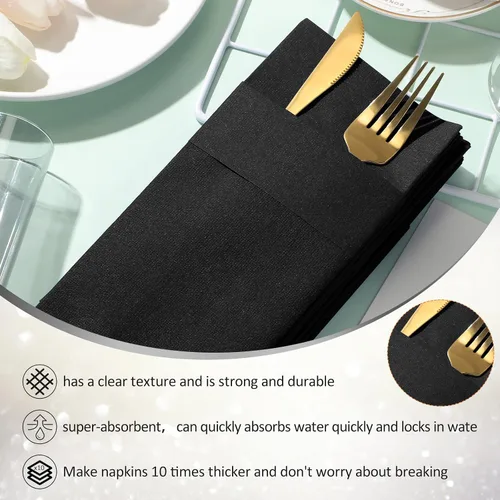 Vista 3 de Cindeer 150 Pz Servilletas de Lino Negras para Cena con Sensación de Lino, Bolsillo Plano Incorporado, Preplegadas, Toalla de Mano Desechable