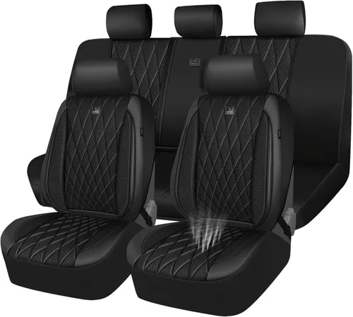 Vista 18 de Car Pass - Juego completo de fundas de asiento de lujo con ribete de cuero sintético, cubiertas de asiento automotrices antideslizantes impermeables