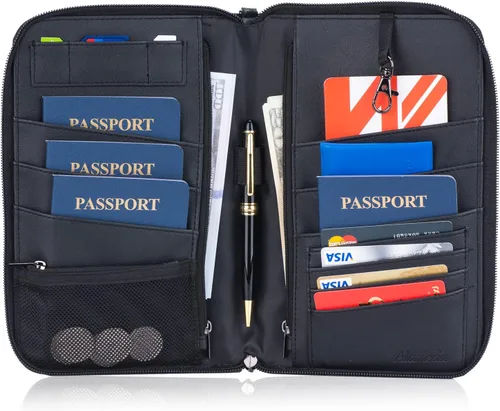 Vista 7 de Alameda - Cartera para pasaporte de viaje Organizador de tarjetas de fibra de carbono para documentos con correa de muñeca desmontable, cartera